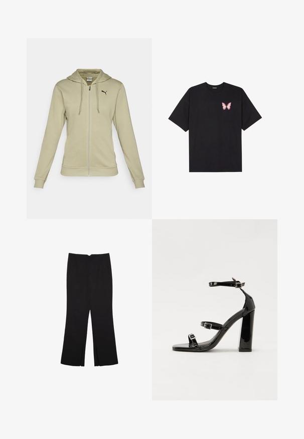 Vihreä oliivi zip-up huppari, joka on valmistettu pehmeästä kankaasta. Siinä on kengurupocket, ribatut hihansuut ja musta Puma-logo rinnassa.; Musta puuvillapaita lyhyillä hihoilla, jossa on pieni vaaleanpunainen perhosgrafiikka vasemmassa rinnassa. Pyöreä kaula-aukko ja rento istuvuus.; Mustat housut suoralinjaisella leikkauksella, joissa on etutaskut ja sivurei'ät helman alla. Valmistettu pehmeästä ja sileästä kankaasta. Sopii eri tilaisuuksiin.; Musta kiiltäväpintainen korkokengät, joissa on kaksi solkikiinnitystä, neliönmuotoinen kärki ja paksu korko, sileällä, kiiltävällä pintarakenteella.