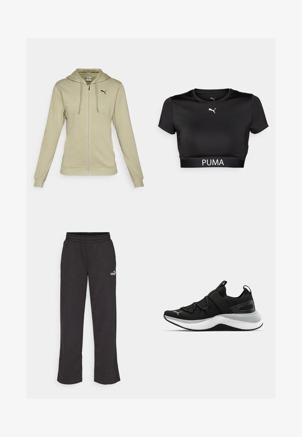 Haut à fermeture éclair vert olive clair en tissu doux, avec une poche kangourou, des poignets côtelés et un logo Puma noir sur la poitrine.; T-shirt noir court en tissu lisse, avec un col rond, des manches courtes et un logo PUMA blanc sur la bande.; Pantalons de survêtement noirs à coupe décontractée, avec une taille élastique et un petit logo Puma blanc sur la cuisse gauche. Fabriqués en tissu doux et résistant.; Botte de sport noire avec une tige texturée, des sangles élastiques et une épaisse semelle intermédiaire blanche. Elle présente une accentuation grise le long de la semelle.