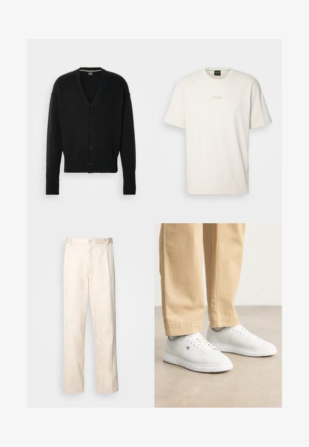 BOSS BELLACO - Casaco de malha - black; BOSS TEE - T-shirt básica - open white; Calças de algodão bege com corte reto, apresentando um fecho de botão e pregas na frente para um detalhe adicional.; Ténis brancos de couro com acabamento liso, apresentando biqueira redonda, design de atacadores e um discreto detalhe do logótipo na lateral, combinados com calças bege.