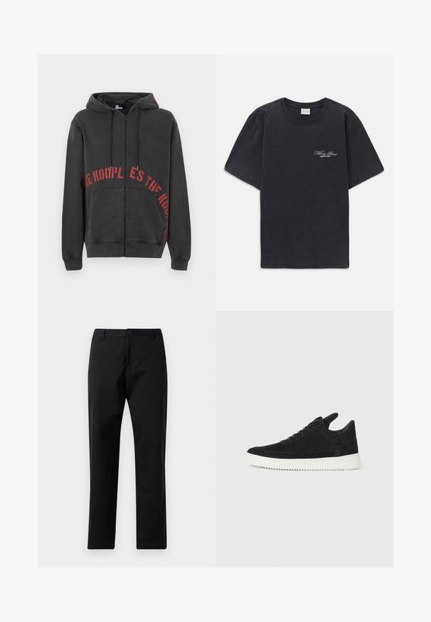 Hoodie zippé noir en coton, avec un design de texte circulaire rouge sur le devant et deux poches latérales. Tissu doux et texturé.; T-shirt noir à manches courtes et col rond avec un petit logo « Filling Pieces » en blanc sur la poitrine gauche.; Pantalons noirs à jambe droite avec fermeture à bouton et zip, passants de ceinture et poches avant, présentés sur un fond blanc.; Baskets en daim noir avec une semelle en caoutchouc blanc, présentant des coutures tonales et un design lacé. Texture lisse avec une forme moderne et épurée.