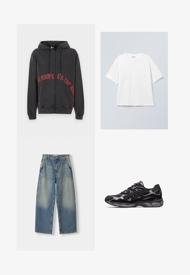 Čierna mikina na zips vyrobená z bavlny, na prednej strane s červeným kruhovým textovým dizajnom a dvoma bočnými vreckami. Mäkká, textúrovaná tkanina.; Biely bavlnený tričko s okrúhlym výstrihom a krátkymi rukávmi. Uvoľnený strih bez viditeľných vzorov alebo akcentov. Hladká textúra.; Svetlomodré denimové široké nohavice s vyblednutým povrchom, päťvreckovým dizajnom a surovým lemom. Obsahuje predné zapínanie na gombík a zips.; Čierne športové topánky s vrchom z priedušnej sieťoviny a semišu, s textúrovaným dizajnom a robustnou, polstrovanou sivou podrážkou.
