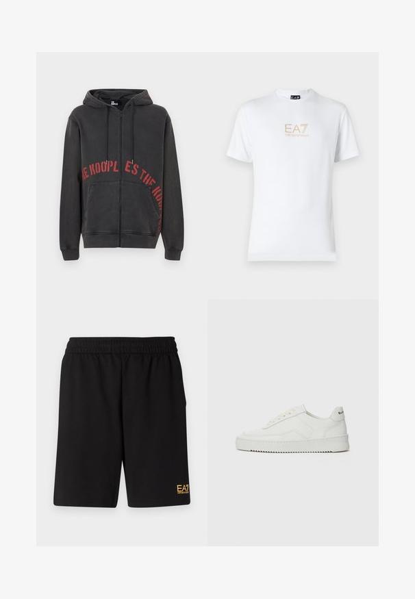 Svart zip-up hoodie i bomull, med en röd cirkulär textdesign på framsidan och två sidfickor. Mjuk, strukturerad tyg.; Vit bomull t-shirt med rund halsringning och korta ärmar, med en guld EA7 Emporio Armani-logotyp tryckt på framsidan.; Svarta träningsshorts i mjukt tyg, med ett elastiskt midjeband och en liten gul EA7-logotyp på nedre vänstra benet.; Vita lädersneakers med en jämn yta, rund tå, platta snörningar och en strukturerad sula. Har en diskret logotyp på hälen.