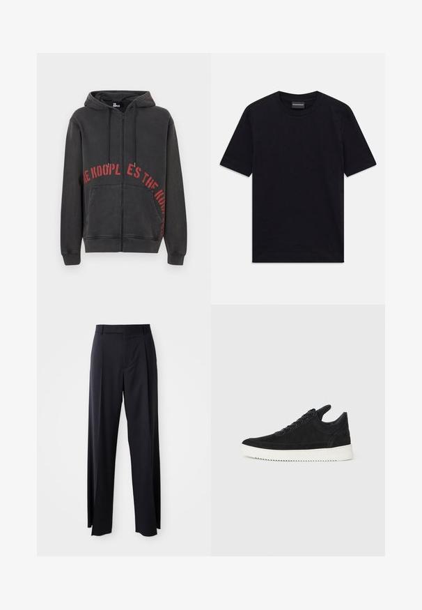 Hoodie zippé noir en coton, avec un design de texte circulaire rouge sur le devant et deux poches latérales. Tissu doux et texturé.; T-shirt noir à manches courtes et col ras du cou avec un motif en relief subtil et une étiquette de marque à l'intérieur du col, posé à plat sur un fond blanc.; Pantalon noir taille haute à pattes larges, en tissu lisse. Présente des plis sur le devant et des passants de ceinture. Design minimaliste, sans matériel visible.; Baskets en daim noir avec une semelle en caoutchouc blanc, présentant des coutures tonales et un design lacé. Texture lisse avec une forme moderne et épurée.