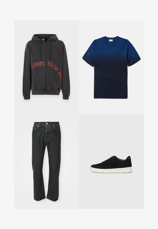 Hoodie zippé noir en coton, avec un design de texte circulaire rouge sur le devant et deux poches latérales. Tissu doux et texturé.; T-shirt en coton bleu marine avec un col rond, des manches courtes et un motif dégradé subtil passant de teintes plus claires à plus foncées.; Jean denim droit noir avec fermeture par bouton et zip à l'avant, poches avant et arrière visibles sur fond blanc.; Baskets en daim noir avec un design à lacets et une semelle en caoutchouc blanc contrastant. Comprend des panneaux latéraux texturés et un logo subtil sur le talon.