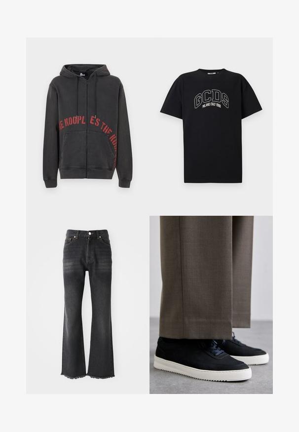 Felpa nera con zip realizzata in cotone, caratterizzata da una stampa testuale rossa circolare sul davanti e due tasche laterali. Tessuto morbido e dalla consistenza piacevole.; Maglietta nera in cotone a maniche corte. Presenta il logo bianco GCDS e il testo "MILANO ITALY 1988" disposto ad arco. Vestibilità standard e colletto tondo.; Jeans neri svasati con lavaggio medio, presentano un orlo sfilacciato, design a cinque tasche e chiusura con bottone metallico. Realizzati in tessuto di denim.; Sneakers in suede nera con suole in gomma bianca, dotati di punta tonda e lacci, indossati con pantaloni grigi su misura.