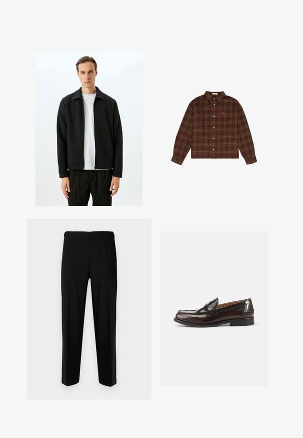 Giacca nera con zip e colletto alto, realizzata in tessuto testurizzato. Il design presenta una vestibilità dritta e polsini a coste, indossata sopra una camicia bianca.; Camicia a quadri marrone e verde con maniche lunghe e un piccolo logo ricamato arancione sul lato sinistro del petto.; Pantaloni neri realizzati in tessuto liscio, con una vestibilità dritta, due tasche frontali e una chiusura con zip e bottone.; Mocassini in pelle marrone con finitura lucida, design cucito sulla punta e tacco basso. Presente un dettaglio di marchio in rilievo sul lato.