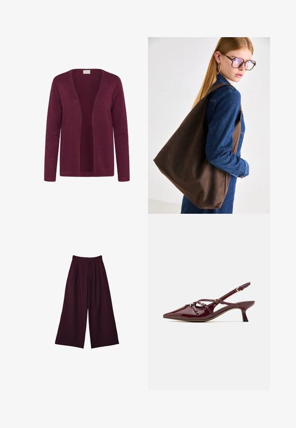 Bordový kardigán, vyrobený z mäkkej tkaniny, otvorený predný dizajn s dlhými rukávmi a jednoduchou pletenou textúrou. Bez zapínania alebo ozdôb.; Zrezaná kockovaná košeľa v odtieňoch burgundskej a hnedej, s gombíkmi na prednej strane, golierom a náprsné vrecko. Mäkká látka s dlhými rukávmi.; Široké nohavice z tmavobordovej tkaniny, s plisovaním, vysokým pásom a dvoma bočnými vreckami pre praktickosť a štýl.; Burgundská lakovaná ballerina s špicatou špičkou, malým opätkom, dekoratívnymi popruhovými detailmi a lesklým povrchom.; Hnedá kožená taška s mäkkou textúrou, ktorá sa vyznačuje priestranným dizajnom a jedným popruhom. Nosená s modrou denimsovou bundou.