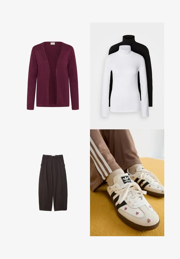 Burgunderfarbener Cardigan aus weichem Stoff, mit offener Front, langen Ärmeln und einfacher Stricktextur. Keine Verschlüsse oder Verzierungen.; Zwei langärmelige Rollkragenoberteile, eines weiß und eines schwarz, aus einem glatten, dehnbaren Stoff, beide mit schmalem Schnitt und hohem Kragen.; Schwarze weit geschnittene Hosen aus einem glatten Stoff, mit hoher Taille, Frontfalten und Seitentaschen. Schlichtes Design ohne Verzierungen.; Weiße Leder-Sneaker mit drei schwarzen Streifen und floralem Stickereien in Lila und Gelb. Braune Gummisohle. Kombiniert mit beigen gerippten Socken.