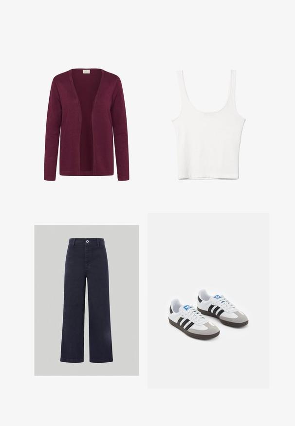 Cardigan borgogna, realizzato in tessuto morbido, con design aperto davanti, maniche lunghe e una semplice texture lavorata a maglia. Senza chiusure o decorazioni.; Top in cotone bianco senza maniche, con scollatura ampia e linea aderente. Tessuto liscio, design semplice e dettagli di cucitura minimi.; Pantaloni navy a gamba larga realizzati in una morbida miscela di cotone, con chiusura frontale a bottone e cuciture decorative lungo la cintura e le tasche.; Scarpe sportive con tomaia in pelle bianca, punta in suede grigia e tre strisce nere. Presentano un logo blu sulla linguetta e una suola in gomma testurizzata.