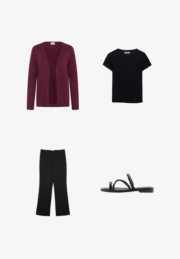 Bordový kardigán, vyrobený z mäkkej tkaniny, otvorený predný dizajn s dlhými rukávmi a jednoduchou pletenou textúrou. Bez zapínania alebo ozdôb.; Čierne tričko s krátkym rukávom vyrobené z jemného materiálu. Má klasický okrúhly výstrih a voľný strih. Bez vzorov alebo akcentov.; Čierne nohavice so strihom rovného strihu, s prednými vreckami a bočnými rozparkami na leme. Vyrobené z mäkkej, hladkej tkaniny. Vhodné na rôzne príležitosti.; Čierne ploché sandále s lesklým povrchom, tromi tenkými popruhmi a okrúhlou kovovou ozdobou na prste. Elegantný dizajn s minimálnym podpätkom.