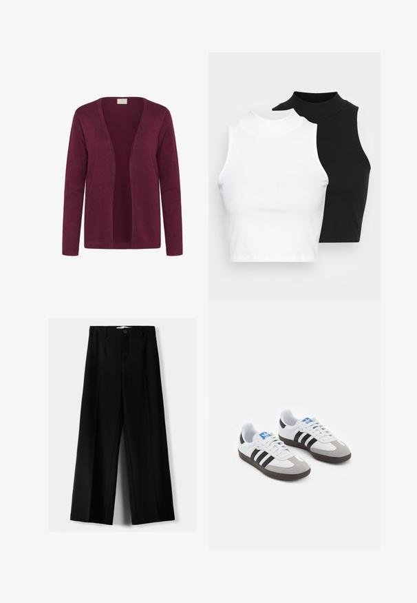 Bordeaux cardigan, gemaakt van zachte stof, met een open voorkant ontwerp, lange mouwen en een simpele gebreide textuur. Geen sluitingen of versieringen.; Twee mouwloze ribgebreide coltruien in zwart en wit, met een slim fit ontwerp en een gladde textuur, met een cropped lengte.; Zwarte wijde broek van lichtgewicht stof, met een knoopsluiting aan de voorkant en een vlakke achterkant, afgewerkt met keurig gestikte zoom.; Sportschoenen met een witte leren bovenkant, grijze suède neus en drie zwarte strepen. Bevat een blauw logo op de tong en een gestructureerde rubberen zool.