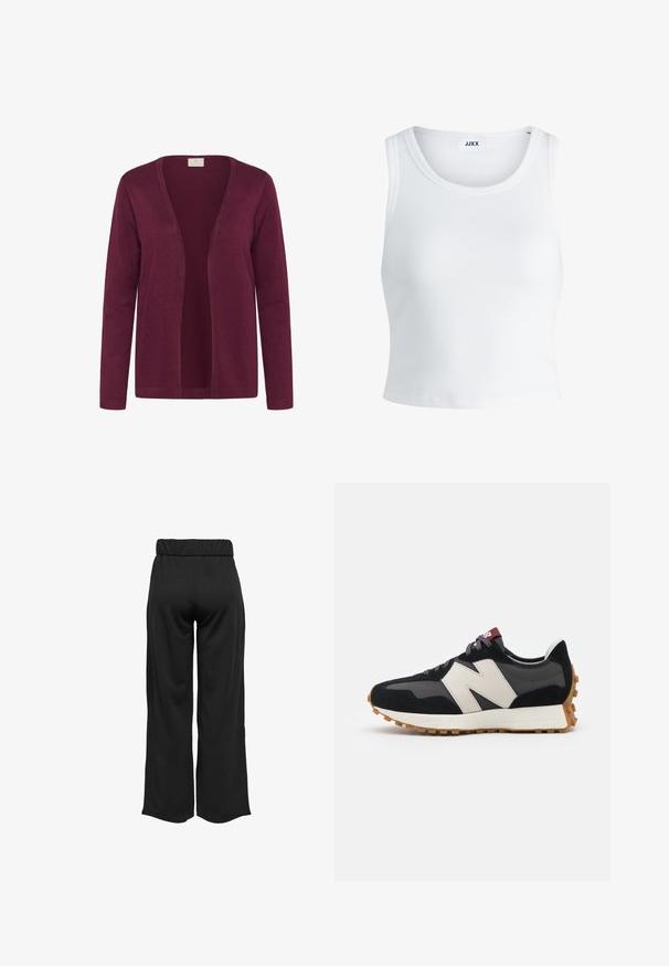 Bordeaux cardigan, gemaakt van zachte stof, met een open voorkant ontwerp, lange mouwen en een simpele gebreide textuur. Geen sluitingen of versieringen.; Witte geribbelde tanktop met een ronde hals, zonder mouwen en een cropped lengte. Label draagt "JJXX." Gladde stoftextuur.; Zwarte, wijde broek met een elastische tailleband, gemaakt van gladde stof. Heeft een strakke uitstraling zonder zakken of zichtbare stikseldetails.; Zwarte en grijze suède sneaker met een groot crèmekleurig "N"-logo, paarse veters en een gestructureerde rubberen zool van gum.