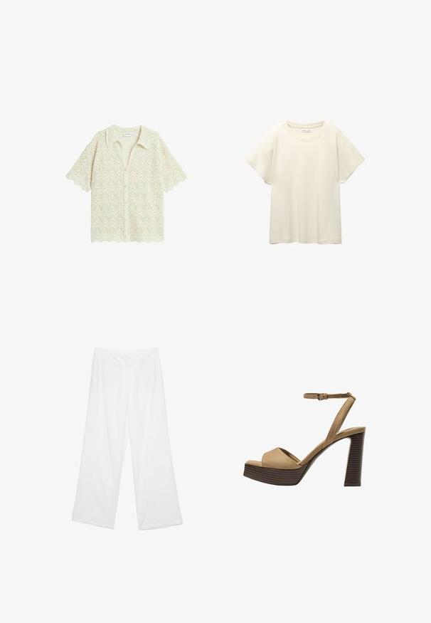 Krämfärgad virkade kofta med zigzagmönster, korta ärmar, krage och vågig nederkant med knappstängning.; Ljus beige kortärmad t-shirt med rund halsringning, tillverkad av mjuk, slät tyg. Har en avslappnad passform och rak nederkant.; Breda byxor i vitt material, med en slät yta, framfickor och en klassisk midja med bälteshål.; Beiga suède högklackade sandaler med ett brett framrem och ankelsrem, med en kraftig träblockklack med en strukturerad yta.
