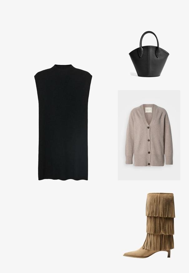 Beige cardigan lavet af blødt stof med V-udskæring og lange ærmer. Har fem knapper i en mørkebrun nuance samt ribstrikkede manchetter og kant.; Sort ærmeløs tunika med høj halsudskæring, blødt stof, løs pasform og lige silhuet. Nederste kant er let buet.; Fringe ankelstøvle i tan ruskind med tre lag af frynser. Spids tå og en lav blokhæl. Glat tekstur over det hele.; Sort læder tote bag med en vinkelret form, buede håndtag og synlige syninger på kanterne og designet.