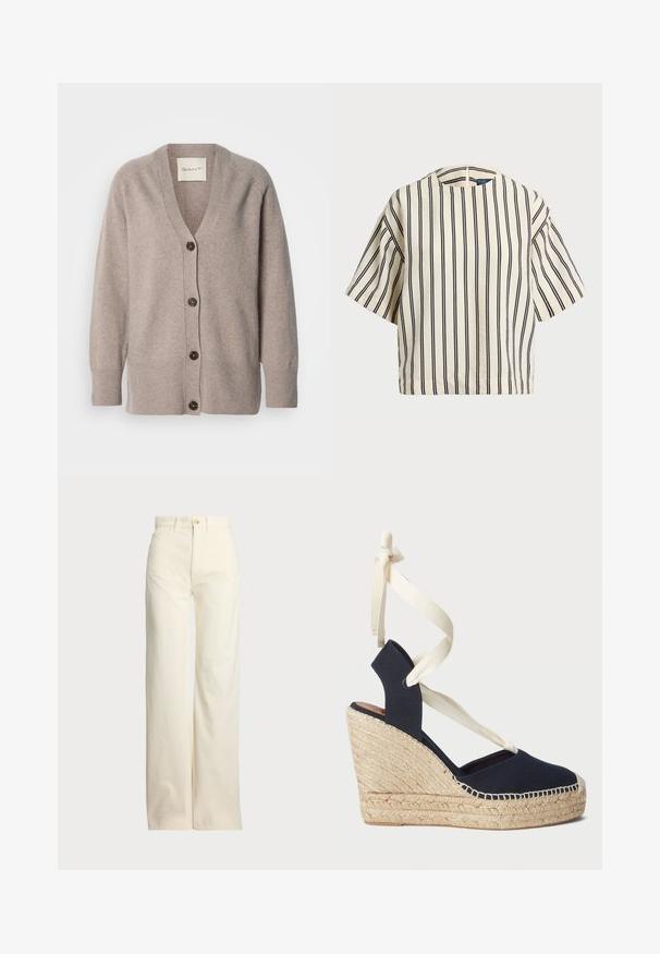 Beige cardigan laget av mykt stoff med V-hals og lange ermer. Har fem knapper i mørk brun nyanse og ribbet mansjetter og kant.; T-skjorte med korte ermer, stripet i kremfarge og marineblå, med rund hals og en boxy design i en strukturert stoff.; Polo Ralph Lauren COTTON CORDUROY WIDE-LEG PANT - Bukse - warm white; Marine blå lærret kile sandal med jute såle og kremfargede bånd rundt ankelen. Lukket hæl og rund tå-design.