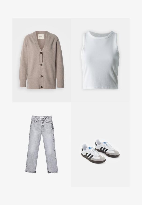 Beiger Cardigan aus weichem Stoff mit V-Ausschnitt und langen Ärmeln. Verfügt über fünf Knöpfe in dunkelbrauner Farbe sowie gerippte Bündchen und Saum.; Weißes, geripptes Tanktop mit runder Ausschnittform und ärmellosem Design, ausgestattet mit einem geraden Saum und einer glatten, dehnbaren Textur.; Graue Jeans aus Denim mit geradem Bein, mit Used-Effekten, fünf Taschen und kupferfarbenen Nieten. Der Bund verfügt über ein Logoshirt.; Sportschuhe mit einem Obermaterial aus weißem Leder, grauer Wildleder-Zehenkappe und drei schwarzen Streifen. Sie verfügen über ein blaues Logo auf der Zunge und eine strukturierte Gummisohle.