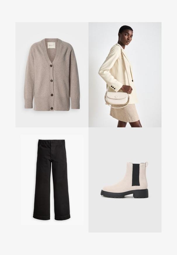 Bēšs džemperis no mīkstas auduma, ar V veida izgriezumu un garām piedurknēm. Tam ir piecas pogas tumši brūnā krāsā, kā arī ribojumi uz aprocēm un apakšmalā.; Balta īsām piedurknēm T-krekls, izgatavots no kokvilnas, ar apaļu kakla izgriezumu. Gluda tekstūra un taisna piegriezuma, bez rakstiem vai akcentiem.; Melni kokvilnas bikses ar platām kājām, ar elastīgu jostu, priekšējām kabatām un aprocēm pie potītes.; Bežs zamšs Čelsijas zābaks ar melnu elastīgu sānu paneli, masīvu melnu zoli unvilkšanas cilpu pie potītes.; COACH EMMY SADDLE BAG 23 - Rokassoma - chalk