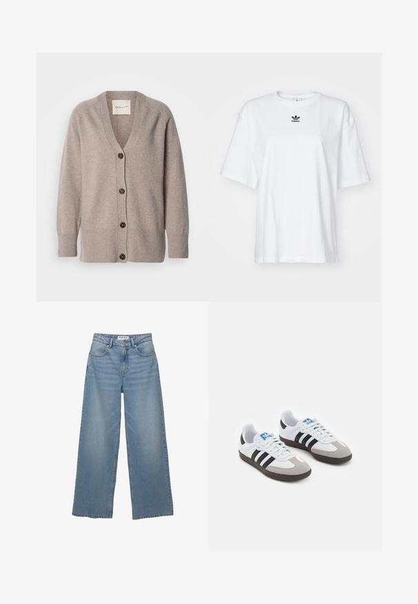 Bež moder s mehkim blago z V-izrezom in dolgimi rokavi. Ima pet gumbov v temno rjavi barvi ter rebraste manšete in rob.; Bela kratka majica s kratkimi rokavi iz bombaža. Ima krožni ovratnik in majhen črn Adidasov logotip na prsih. Ravna podoba.; Svetlo modri široki jeans iz denima. Ima visok pas, pet žepov in ravno kroj z minimalnim bledenjem.; Športni čevlji z belim usnjenim zgornjim delom, sivim semišem na prstih in tremi črnimi črtami. Imajo modro logo na jeziku in teksturiran gumijast podplat.