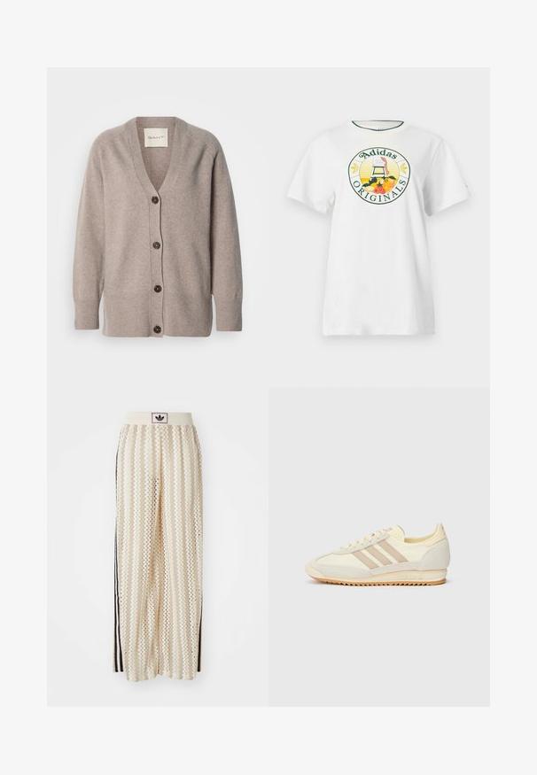 Beżowy kardigan wykonany z miękkiego materiału, z dekoltem w serek i długimi rękawami. Posiada pięć guzików w ciemnobrązowym kolorze oraz ściągacze przy mankietach i dole.; Biała bawełniana koszulka z krótkim rękawem, z okrągłym graficznym logo w zielonym i żółtym, przedstawiającym "Adidas Originals" oraz wzory owoców.; Kremowe szerokie spodnie w stylu palazzo z wzorem w zygzak, z czarnym paskiem z logo oraz bocznymi czarnymi paskami. Lekki, teksturowany materiał.; Kremowe sportowe sneakersy z trzema beżowymi paskami, wykonane z zamszu i materiałów tekstylnych, z teksturowaną podeszwą oraz wytłoczonym logo na pięcie.