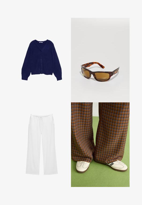 Cardigan tricotat bleu marin, cu decolteu în V, mâneci lungi și șase nasturi pe față. Țesătură texturată și accente răsucite.; Tricou scurt cu mânecă, de culoare bleumarin, cu un grafic floral alb și textul "Arhiva Florală", "Societatea Grădinii Evermist" și "Wild Flora Co."; Pantaloni albi cu picioare largi, confecționați dintr-un material moale, având o talie elastică cu șnur și două buzunare laterale. Design simplu și curat.; Pantaloni largi cu carouri maro și albastru, asociați cu pantofi albi cu accente negre și tălpi texturate, împotriva unui fundal verde.; Ochelari de soare cu lentile maro, din material tartan. Cadru dreptunghiular elegant, textură netedă, branding subtil pe lateral și brațe curbate pentru confort.