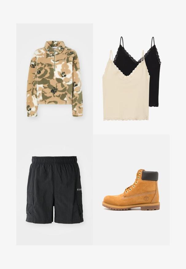 Φλις πουλόβερ με μισό φερμουάρ στον γιακά, διακοσμημένο με floral καμουφλάζ σε μπεζ, ελαιόλαδο και κρέμα. Μαλακή υφή και μακριά μανίκια.; Δύο καμισόλ: ένα κρεμ και ένα μαύρο. Και οι δύο διαθέτουν δαντελένια περιθώρια γύρω από το λαιμό και το στρίφωμα, με ρυθμιζόμενες λεπτές τιράντες.; Μαύρο cargo σορτς από ελαφρύ ύφασμα, με ελαστική μέση, πλαϊνές τσέπες και λογότυπο στο κάτω δεξί μέρος.; Καφέ δερμάτινο μποτάκι με μαύρη επένδυση, χρυσές οπές και υφή σόλας. Διαθέτει κυκλικό λογότυπο στο πλάι και ραφές ως διακοσμητικά στοιχεία.