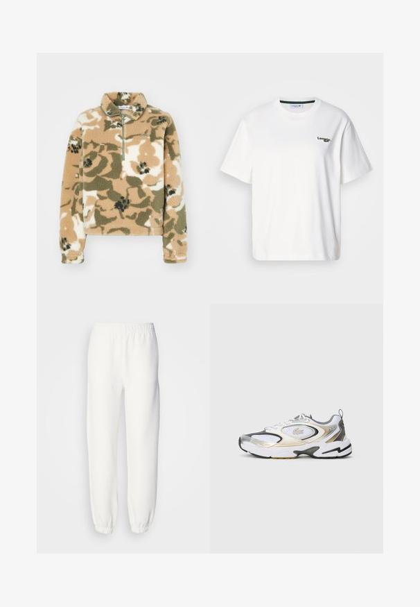 Fleece pulóver s polovičným zipsom na golieri, s kvetinovým maskovacím vzorom v béžovej, olivovo zelenej a krémovej farbe. Mäkká textúra a dlhé rukávy.; Biely bavlnený tričko s voľným strihom, s zeleným vyšitým logom na ľavej hrudi a okrúhlym výstrihom. Hladká textúra.; Biele tepláky vyrobené z mäkkej pletenej tkaniny. Elastický pás a manžety zabezpečujú uvoľnené nosenie. Minimalistický dizajn, bez viditeľných vzorov alebo akcentov.; Biele športové topánky so striebornými a zlatými akcentmi, sieťovanými panelmi, zaoblenou špičkou a čiernou so zlatom. Obsahujú zakrivené línie a pútko na konci.