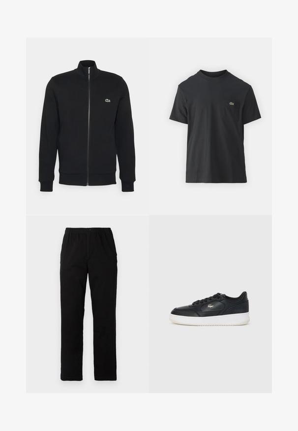 Čierna zipsová bunda vyrobená z mäkkej tkaniny. Obsahuje vysoký golier, dlhé rukávy a malé zelené logo na ľavej strane hrude.; Čierne bavlnené tričko s krátkymi rukávmi, okrúhlym výstrihom a malým zeleným logom na ľavej náprsnej kapsičke. Jednoduchý dizajn, bežný strih.; Čierne nohavice vyrobené z bavlnenej zmesi, so strihom rovného strihu, elastickým pásom s gombíkom a bez viditeľných vzorov alebo akcentov.; Čierne kožené tenisky s bielou podrážkou, s okrúhlou špičkou, šnurovací dizajn a jemné logo na boku. Štruktúrovaný vrch.