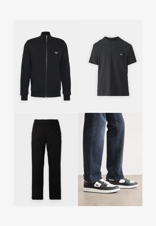 Giacca nera con zip realizzata in tessuto morbido. Presenta un colletto alto, maniche lunghe e un piccolo logo verde sul lato sinistro del petto.; T-shirt in cotone nero con maniche corte, scollatura rotonda e un piccolo logo verde sul taschino sinistro. Design semplice, vestibilità regolare.; Pantaloni neri realizzati in un tessuto misto cotone, caratterizzati da un taglio dritto, vita elastica con bottone e senza motivi o dettagli visibili.; Sneaker Lacoste in bianco e nero con tomaia in pelle testurizzata, dotate di un design con lacci e suola in gomma bianca. Indossate con jeans scuri.
