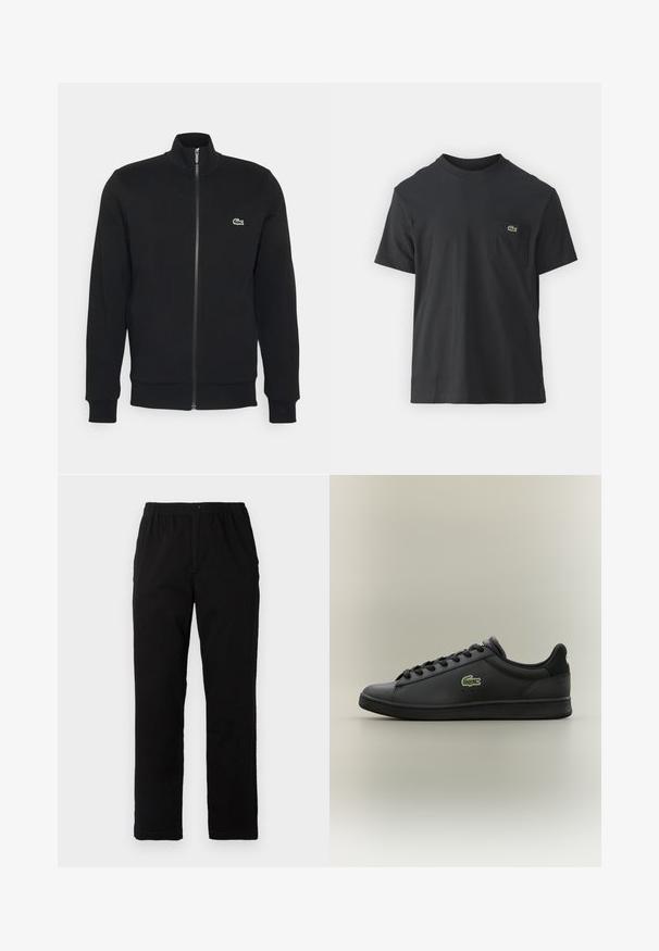 Black zip-up jacket made of soft fabric. Features a high collar, long sleeves, and a small green logo on the left side of the chest.; Black cotton t-shirt with short sleeves, round neckline, and a small green logo on the left chest pocket. Simple design, regular fit.; Black pants made of cotton blend fabric, featuring a straight cut, elastic waistband with button, and no visible patterns or accents.; Black low-top leather sneaker with black laces featuring a green crocodile logo on the side, set against a plain neutral background.