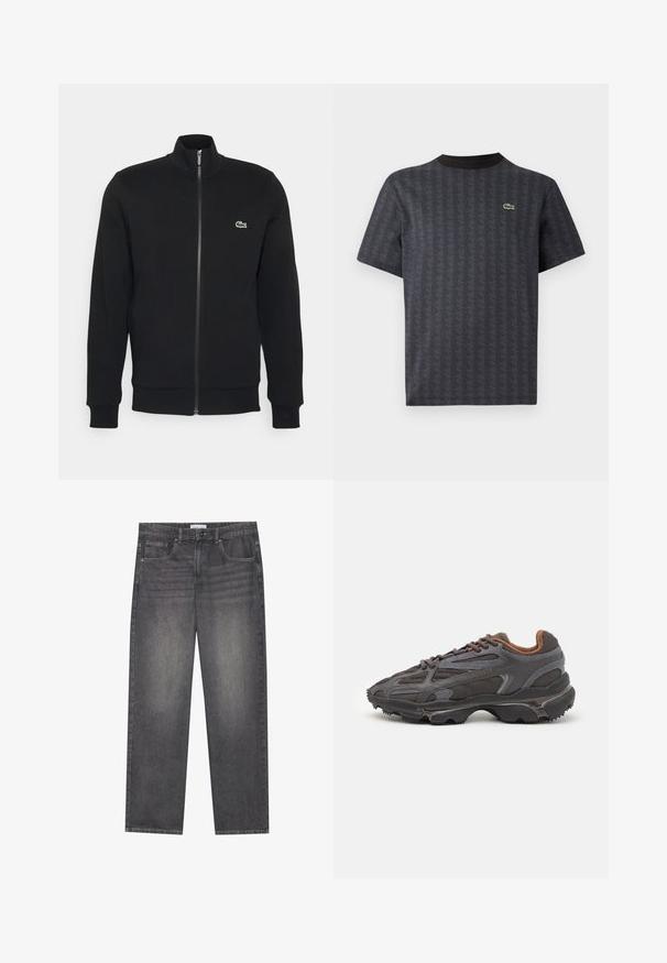 Zwarte ritsjack gemaakt van zachte stof. Heeft een hoge kraag, lange mouwen en een klein groen logo aan de linkerkant van de borst.; Zwarte korte mouwen t-shirt met een geometrisch patroon en een groene krokodillenlogo, met een effen zwarte ronde hals.; Donkergrijze denim jeans met een rechte snit, voorzien van vijf zakken, een knoopsluiting aan de voorkant en subtiele vervaging over de stof.; Lacoste sneakers in donkergrijs van mesh en synthetisch materiaal, met een gestructureerde zool en bruine accenten op de kraag en branding.