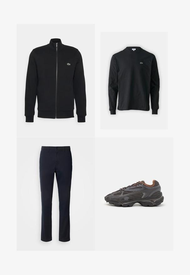 Juodas zip-up švarkas, pagamintas iš minkštos medžiagos. Turi aukštą apykaklę, ilgus rankovėmis ir mažą žalią logotipą kairėje krūtinės pusėje.; Juodas ilgomis rankovėmis marškinėliai iš medvilnės, turintys apvalią iškirptę ir mažą žalią išsiuvinėtą krokodilo logotipą kairėje krūtinės pusėje.; Tamsiai mėlyni kelnių pagaminti iš lygaus audinio, turintys tiesaus kirpimo dizainą, diržo kilpas ir sagčių uždarymą su užtrauktuku.; Lacoste sportbačiai tamsiai pilki, pagaminti iš tinklinės ir sintetinių medžiagų, su tekstūruotu padu ir rudomis detalėmis ant apykaklės bei prekės ženklo.