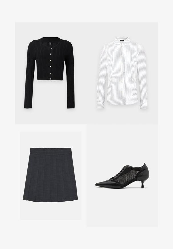 Zwarte geknipte cardigan gemaakt van gebreide stof, met een kabelpatroon en een V-halslijn, en zes parelknoopjes aan de voorkant.; Witte lange mouw knop-up overhemd met dunne verticale zwarte strepen en een puntige kraag.; Donkergrijze plisséstofrok met een elastische tailleband, gekenmerkt door een gestructureerde stof en een klassieke A-lijnsilhouet. Geschikt voor casual gebruik.; Zwarte schoen met spitse neus en een ontwerp met gaaspanelen, voorzien van een lage hak en vetersluiting. Gemaakt van een combinatie van leer en gaasmateriaal.