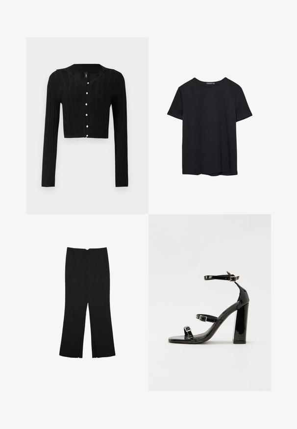Crna skraćena cardigan jakna od pletenog materijala, s uzorkom pletenice i V-izrezom, te sa šest bisernih dugmadi sprijeda.; Pura crna pamučna majica kratkih rukava s okruglim izrezom, prikazana na bijeloj pozadini.; Crne hlače ravnog kroja, s prednjim džepovima i bočnim prorezima na rubu. Izrađene od mekog i glatkog materijala. Pogodne za razne prigode.; Crne lakirane sandale na pete sa kvadratnim nosom, trakama oko gležnja i srebrnim kopčama. Imaju čvrst blok petu za stabilnost.