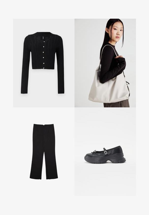 Črna skrajšana jopica iz pletenine, s kabelskim vzorcem in V-izrezom, ki ima spredaj šest biserastih gumbov.; Bela brezrokavnica s okroglim izrezom. Narejena iz gladkega materiala, ima sproščen kroj in minimalističen dizajn. Brez vzorcev ali okrasnih elementov.; Črne hlače ravnega kroja z naglavnimi žepi in stranskimi razporki na robu. Narejene iz mehke, gladke tkanine. Primerne za različne priložnosti.; Črne usnjene Mary Jane čevlje z zaobljenim nosom, podrobnostjo v obliki pentlje in nastavljivim gležnjenjskim trakom. Imajo masiven gumijast podplat s konkavnimi detajli.; Bežna torbica iz mehkega materiala, z ohlapno zasnovo, šivi in dvema naramnicama. Primerna za vsakodnevno uporabo.