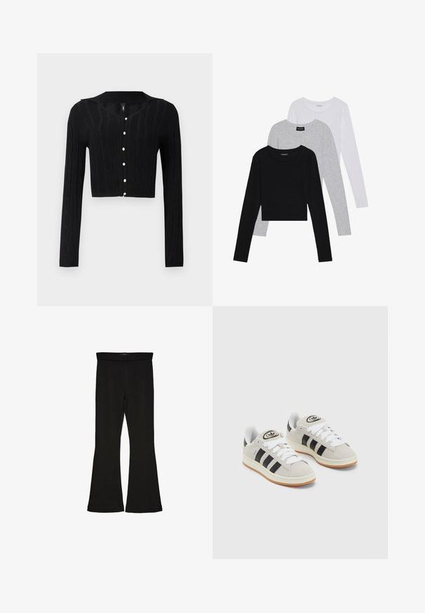 Black cropped cardigan made of knitted fabric, featuring a cable pattern and a V-neckline, with six pearl buttons down the front.; Three long-sleeve tops stacked: black, grey, and white. Each has a round neckline and a cropped design with smooth, lightweight fabric.; Black flare leggings made from stretchy fabric. Features a wide waistband and a smooth texture, with a fitted silhouette that flares at the hem.; Gray suede sneakers with white laces, black stripes, and a white rubber sole. Features a circular logo on the tongue and a gum sole.