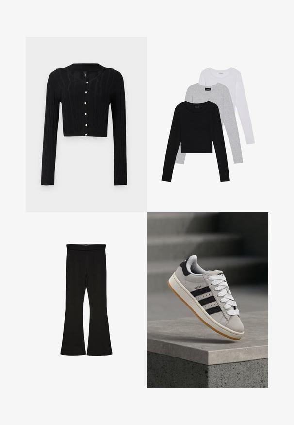Crna skraćena cardigan jakna od pletenog materijala, s uzorkom pletenice i V-izrezom, te sa šest bisernih dugmadi sprijeda.; Tri dugih rukava posložena: crna, siva i bijela. Svaka ima okrugli izrez i skrateni kroj s glatkom, laganom tkaninom.; Crne hlače na tregere od rastezljivog materijala. Imaju širok pojas i glatku teksturu, s uskim krojem koji se širi na rubu.; adidas Originals CAMPUS 00S W - Tenisice - crystal white/core black/off white