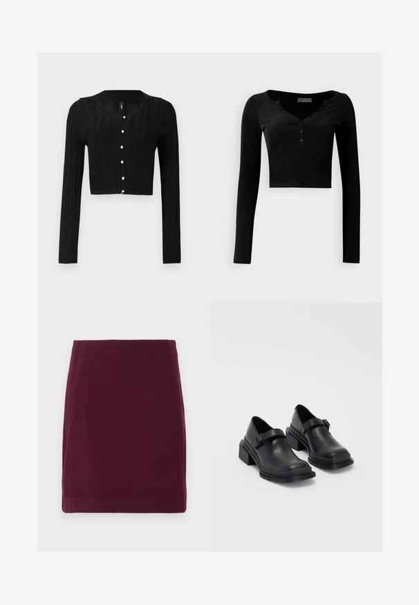 Black cropped cardigan made of knitted fabric, featuring a cable pattern and a V-neckline, with six pearl buttons down the front.; Black cropped long-sleeve top made of ribbed fabric, featuring a V-neckline and three-button placket at the front.; Vero Moda VMFORTUNALLISON SHORT - A-line skirt - winetasting; Black leather shoes with a rounded toe, flat sole, and a strap with a buckle detail. Chunky block heel for added stability.