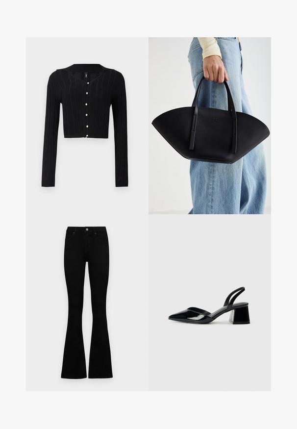 Cardigan preto curto feito de tecido de malha, apresentando um padrão em corda e um decote em V, com seis botões de pérola à frente.; T-shirt preto de manga curta feito de algodão suave. Apresenta um decote redondo e um design ajustado. Textura suave sem padrões ou detalhes.; Jeans pretos de cintura alta com fecho de botão e zíper, bolsos frontais e pernas largas dispostos em cima de um fundo branco.; Sandy em verniz preto com salto slingback, ponta afilada e salto geométrico. Apresenta um design elegante e minimalista com textura suave.; Bolsa de mão em couro preto com uma forma única em leque, apresentando alças planas. A superfície tem uma textura pebble e um design minimalista.