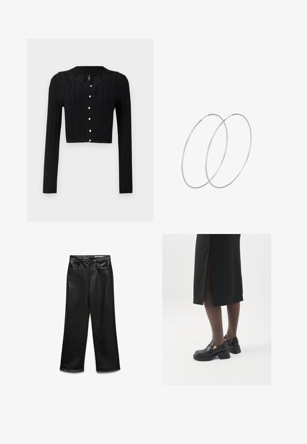 Zwarte geknipte cardigan gemaakt van gebreide stof, met een kabelpatroon en een V-halslijn, en zes parelknoopjes aan de voorkant.; Twee mouwloze ribgebreide coltruien in zwart en wit, met een slim fit ontwerp en een gladde textuur, met een cropped lengte.; Zwarte wijde broek van imitatieleer met voorzakken, riemlussen en subtiele glans. Soepele textuur en nauwsluitende pasvorm.; Zwarte leren schoenen met een ronde neus, dikke blokhak en elastische zijkanten, gecombineerd met donkere panty's en een zwarte rok met een split.; Zilveren hoepel oorbellen met een minimalistisch ontwerp. Cirkelvormig, gladde textuur en dun profiel. Lichtgewicht met een gepolijste afwerking.