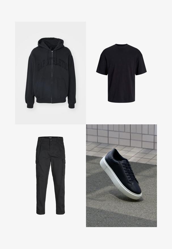 GAP Hoodie - moonless night; Black cotton t-shirt with a crew neckline, short sleeves, and a relaxed fit. Smooth texture and no visible patterns or accents.; Black cargo pants made of sturdy fabric, featuring multiple pockets, a button closure, and a slim fit design with tapered legs.; Black leather sneaker with rounded toe and white rubber sole. Features flat laces and minimal stitching on the upper. Textured sole for grip.