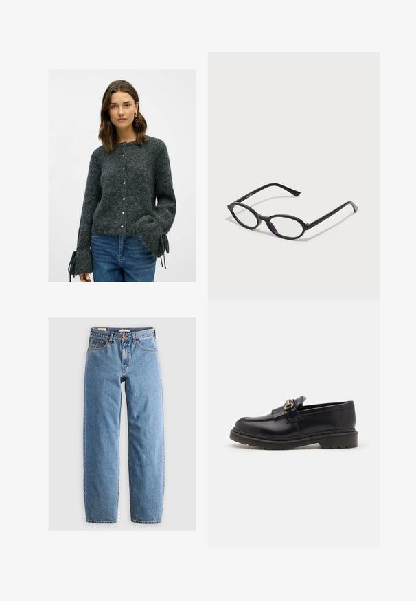 Sivi pleteni kardigan s dugim rukavima, sa strukturiranim materijalom, bisernim dugmadi i vezivanje na manžetama. Nosa se s plavim trapericama.; Dugih rukava bijela rebrasta majica s okruglim izrezom i suptilnim šavovima koji oblikuju struk, prikazana na jednostavnoj bijeloj pozadini.; Svijetloplave traperice s ravnim nogavicama, pet džepova, zatvaranjem na patentni zatvarač i suptilnom izblijedjelom teksturom. Klasičan stil s minimalnim hardverom.; Crne kožne mokasine s okruglim prstom, ukrasnim resicama i zlatnim detaljima. Debeli gumeni đon za dodatno prianjanje i izdržljivost.; Crne naočale ovalnog okvira s prozirnim ljubičastim naglascima na lećama. Okviri imaju mat finiš i tanke, ravne temple.; Crna torba za nošenje od kože s teksturiranom površinom, zlatnim kopčama i dvije zaobljene ručke. Sadrži sigurnu zatvarač i minimalni brending.