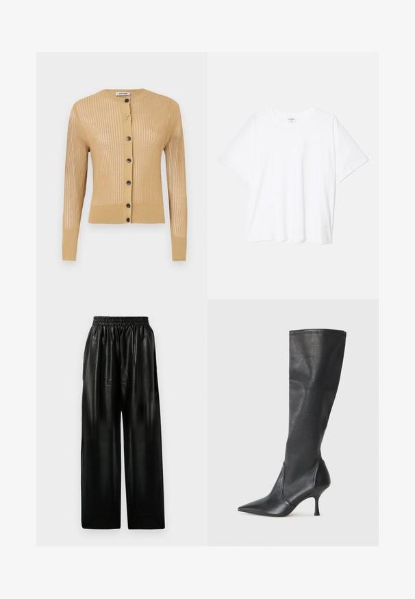 Cardigan de malha em bege claro, com riscas verticais, mangas longas, decote redondo e cinco botões pretos na parte da frente.; T-shirt de algodão branco com mangas curtas, decote redondo, corte descontraído e bainha cosida. Etiqueta visível no interior do pescoço.; Calças largas de couro preto com cintura elástica, apresentando dois bolsos laterais e uma textura suave e brilhante.; Botas de couro pretas até ao joelho, com bico apontado e um salto stiletto fino. Textura suave com design ajustado e costura na borda superior.