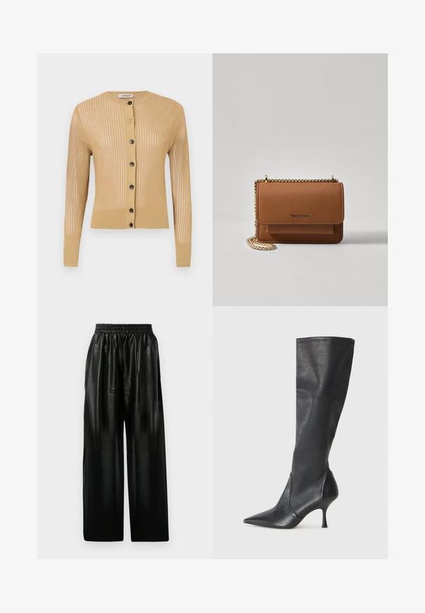 Neulecardigan vaaleanruskeana, jossa on pystysuorat raidat, pitkät hihat, pyöreä pääntie ja viisi mustaa nappia edessä.; Valkoinen puuvillapaita lyhyillä hihoilla, pyöreällä pääntiellä, rentoa tyyliä ja ommeltu helma. Tunniste näkyvissä sisäkauluksessa.; Mustat nahkaiset väljät housut, joissa on joustava vyötärö, kahdella sivutaskulla ja sileällä, kiiltävällä pinnalla.; Polvisuuriset mustat nahkasaappaat, joissa on terävä kärki ja hoikka stiletto-korko. Silkkinen pinta, tiukka muotoilu ja ompeleet yläreunassa.; Ruskean teksturoidun nahkasta valmistettu crossbody-laukku, jossa on kultaketjuhihna ja läppäkiinnitys. Edessä on logodetail ja tasku läppäisen alla.