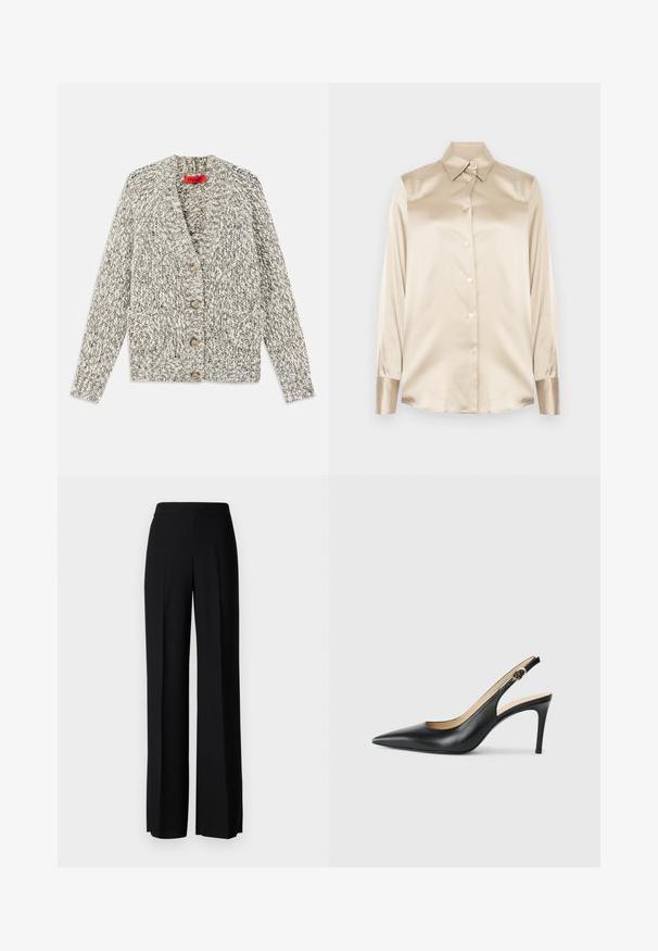 Siva i kremasta masivna pletena kardigan s šalom, pet drvenih dugmadi i dva prednja džepa. Teksturirana pređa i otvoreni dizajn.; Bež satenasta košulja s oštrim ovratnikom, dugim rukavima, kopčanjem na gumbi i manžetama blago sjajnijeg završetka. Bez uzoraka ili naglasaka.; Crne široke hlače s glatkom teksturom, s visokim strukom i središnjim pregibima. Nema vidljivih uzoraka ili hardverskih detalja.; Crne kožne slingback visoke potpetice s šiljastim nosom, podesivim trakama i elegantnim stiletto potpeticama, s glatkom završnom obradom.