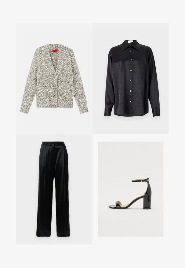 Szary i kremowy gruby kardigan z kołnierzem żakietowym, pięcioma drewnianymi guzikami i dwiema przednimi kieszeniami. Teksturowana włóczka i otwarty przód.; Czarna koszula z długim rękawem i kołnierzykiem, o pogniecionej teksturze, z pełnym zapięciem na guziki z przodu oraz mankietami. Wykonana z gładkiego materiału.; Czarne satynowe spodnie o wysokim stanie z prostymi szerokimi nogawkami, szlufkami na pasek i gładkim zapięciem z przodu na jednolitym białym tle.; Czarne sandały z lakierowanej skóry na szerokim obcasie, z otwartym czubkiem i paskiem na kostce z złotą klamrą. Gładka faktura i elegancki design.