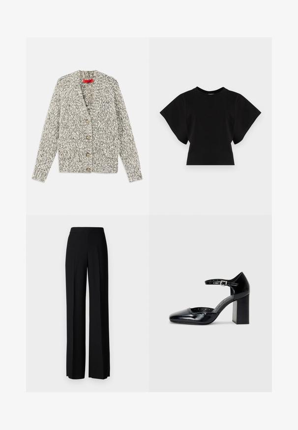 Grå og kremfarget chunky strikkekardigan med sjalkrage, fem treknapper og to frontlommer. Struktureret garn og åpen frontdesign.; Svart cropped t-skjorte laget av bomull, med korte, vide ermer og rund halslinning, med en glatt tekstur og minimalistisk design.; Sorte vidde bukser med en glatt tekstur, med høy midje og sentrale folder. Ingen synlige mønstre eller maskinvaredetaljer.; Sorte lakk lær høye hæler med firkantet tå, ankelrem og chunky hæl. Inkluderer perforerte detaljer langs kanten.