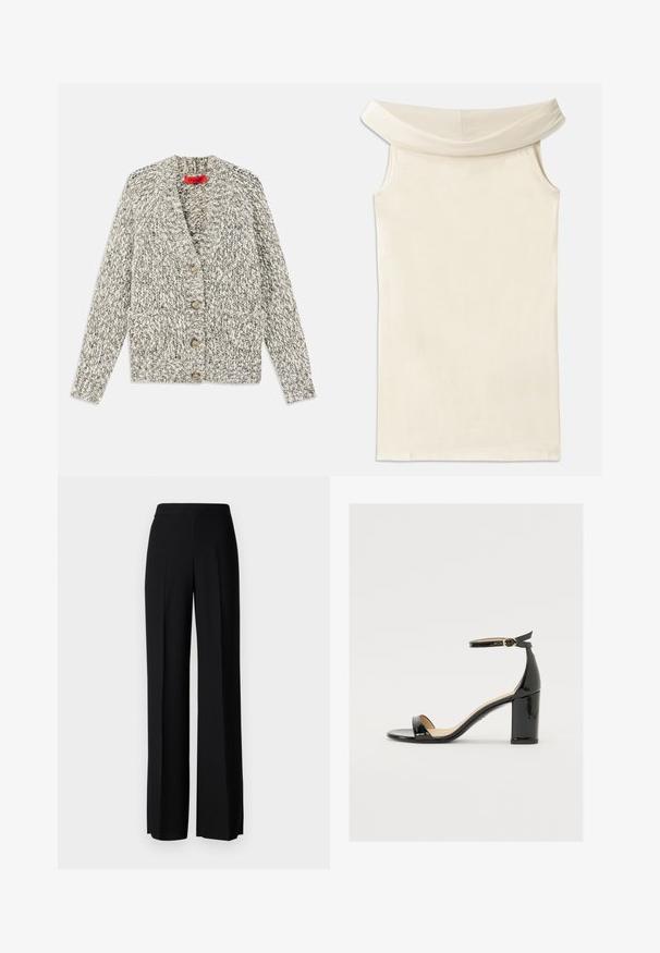 Grå och krämfärgad chunkig stickad kappa med sjalkrage, fem träknappar och två framfickor. Texturerad garn och öppen frontdesign.; Off-shoulder beige klänning gjord av slät tyg, med en vid halsringning och ärmlös design, med rak skärning och ren fåll.; Svarta vida byxor med en slät textur, med hög midja och centrala veck. Inga synliga mönster eller hårdvarudetaljer.; Svart lacklädersandal med bred klack, öppen tå och ankelsnöre med ett gyllene spänne. Slät textur och elegant design.