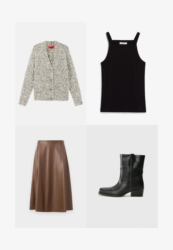 Cardigan gros cu tricotaj chunky în nuanțe de gri și crem, cu guler șal, cinci butoane din lemn și două buzunare frontale. Fir texturat și design deschis.; Top negru fără mâneci, cu bretele subțiri, fabricat dintr-un material ribat, având o tăietură dreaptă și o etichetă la gât cu textul "IVY OAK."; Fustă A-line din piele maro, cu o textură netedă și un tiv de lungime medie. Prezintă un talie ajustată și o ușoară evazare de la șolduri.; Botine din piele neagră, cu vârf rotund, toc pătrat, fermoar pe lateral și accente de cusături pe partea superioară. Textură netedă, design clasic.