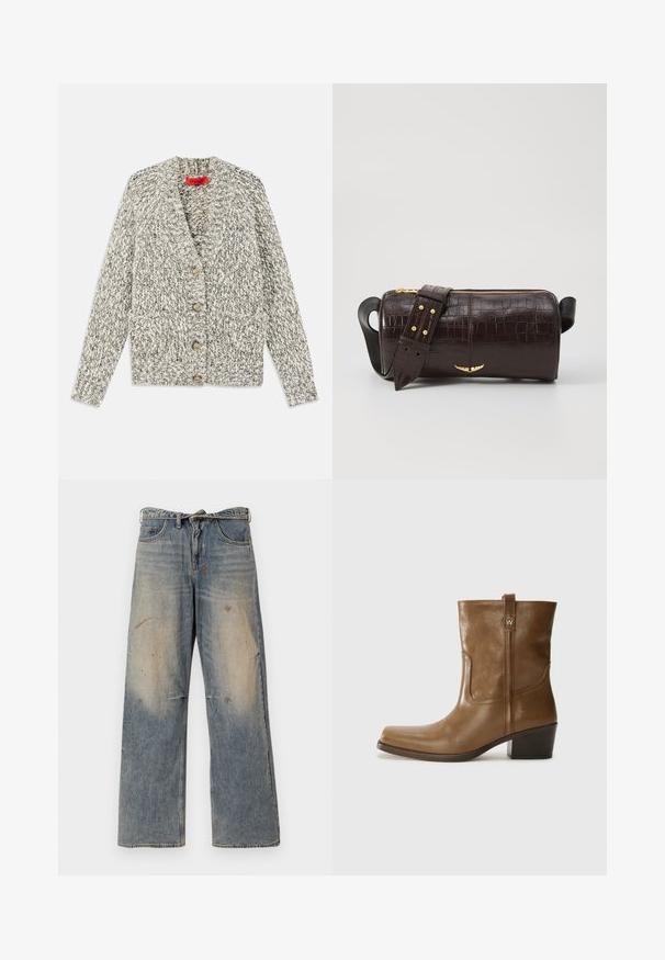 Szary i kremowy gruby kardigan z kołnierzem żakietowym, pięcioma drewnianymi guzikami i dwiema przednimi kieszeniami. Teksturowana włóczka i otwarty przód.; Czarny top na ramiączkach z cienkimi spaghetti, wykonany z żebrowanej tkaniny, z prostym krojem i metką przy wycięciu na szyję z napisem "IVY OAK."; Jasnoniebieskie dżinsy z luźnym krojem prostym. Posiadają efekty przetarć, blaknięcia oraz postrzępienia w okolicy kolan. Klasyczny pięciopocketowy styl.; Brązowy skórzany botek za kostkę z kwadratowym noskiem, teksturowanym wykończeniem i niskim, zakrytym obcasem. Posiada tylną pętelkę do zakładania oraz subtelne detale przeszycia.; Brązowa torba ze skóry z tłoczeniem krokodyla w kształcie cylindrycznym, z metalowymi elementami w kolorze złotym oraz odczepianym paskiem z ćwiekami.