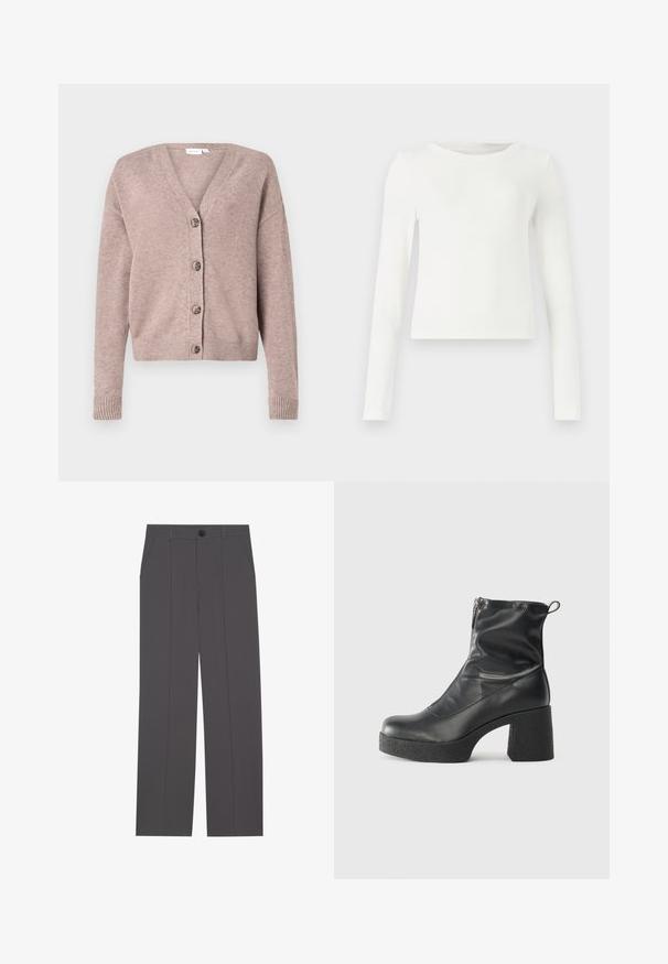 VILA VIRIL - Vesta na kopčanje - brown; Bijela dugosleeve rebrasta majica s kružnim izrezom. Glatka tekstura, uski kroj i bez vidljivih uzoraka ili akcenta. Jednostavan i minimalistički stil.; Sive hlače s ravnim krojem, koje imaju dva bočna džepa i dugme za zatvaranje. Glatka tkanina bez vidljivih uzoraka ili akcenata.; Crne gležnjače od glatke kože, s bočnim zatvaračem, debelim teksturiranim potplatom i dizajnom s zaobljenim prstima.